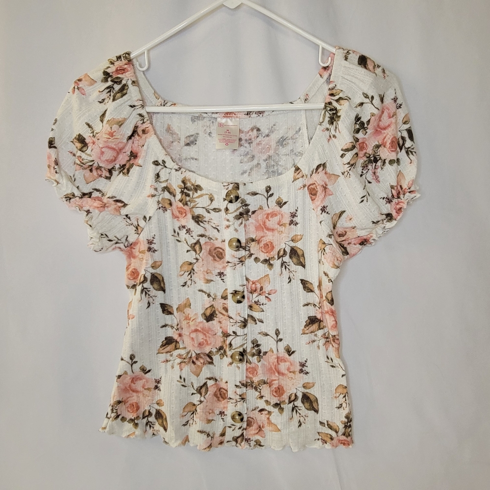 No Boundaries Floral Puff Sleeve Blouse - Pink and White